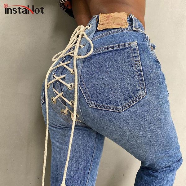 

insta2020 new high waist women's fashion straight jeans denim bandage push up autumn female jeans streetwear casual pants1, Blue