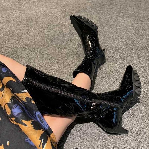 

boots glossy black patent leather punk knee high long knight platform gladiator winter runway shoes women