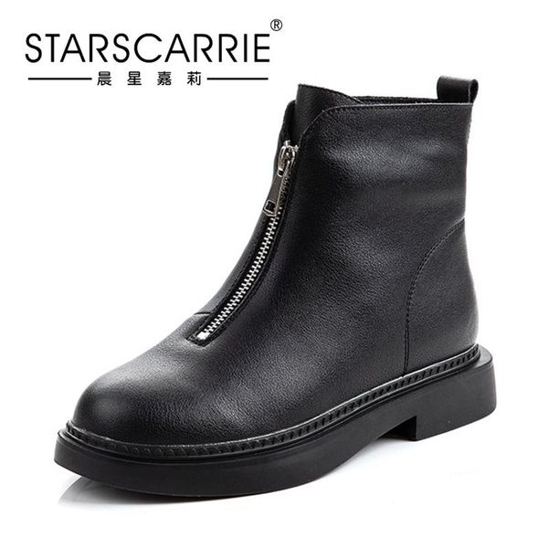 

cowhide winter 2020 new boots women's versatile shoes front zipper short boots women's plush, Black
