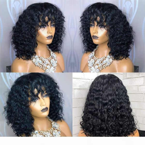 

brazilian human hair short curl wave wigs for black women bob wigs with bang middle part lace pre-plucked natural wave wigs natural color, Black;brown