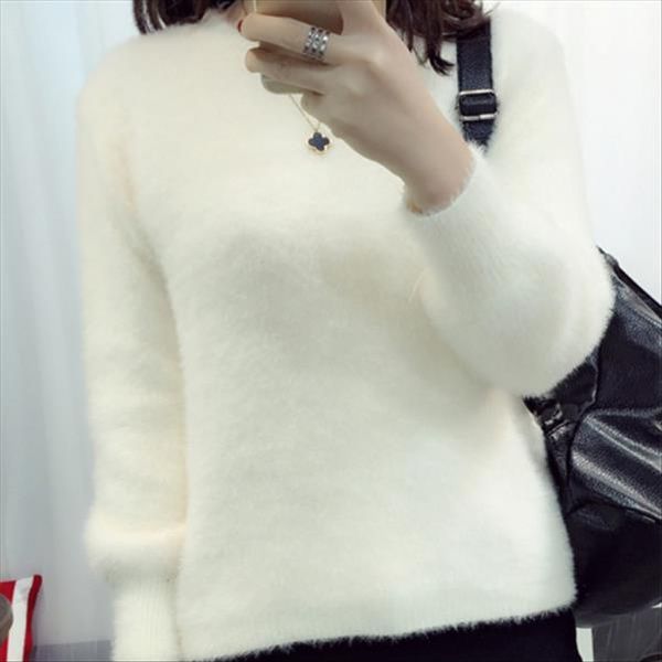 

2021 autumn winter women pullovers pink white sweater mohair o ncek loose lantern sleeve candy collor sweater tb105, White;black