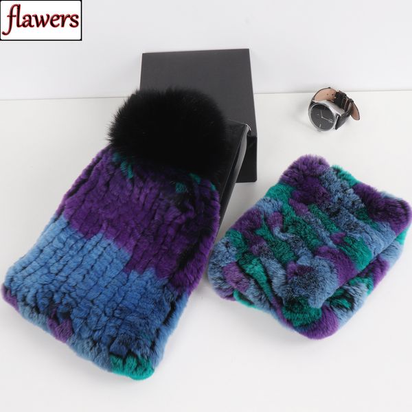 

sell women good elastic real rex rabbit fur scarf hat sets winter warm lady knitted natural fur scarves hats set wholesale 201021, Blue;gray