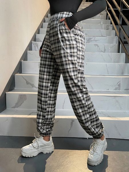 

plaid print slant pockets joggers t1yg#, Black;white