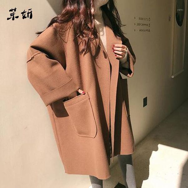 

2020 women's large coats fashion woolen long solid color coats women windbreaker winter coat cardigan elegant coat1, Tan;black