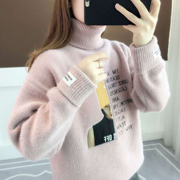 

chenille mink high neck pullover for women's autumn and winter 2020 new loose korean knitwear versatile top, White;black