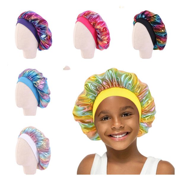 

kids laser bathing bonnet children boy girls shower cap satin night sleep caps hair care soft cap head cover wrap beanies skullies g12208, Yellow