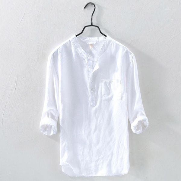 

solid color men shirt long sleeve stand collar men shirt casual slim fit summer cotton linen loose blouse male1, White;black