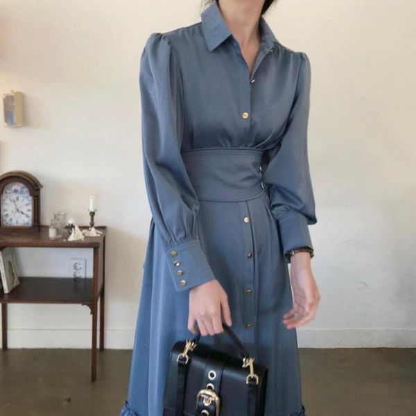 

superaen solid all match single breasted a line button ankle-length dresses for women, Black;gray