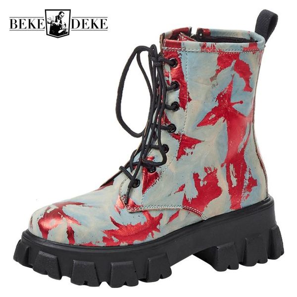 

vintage print real leather platform boots women round toe lace-up biker ankle boots winter safety thick heel shoes female, Black