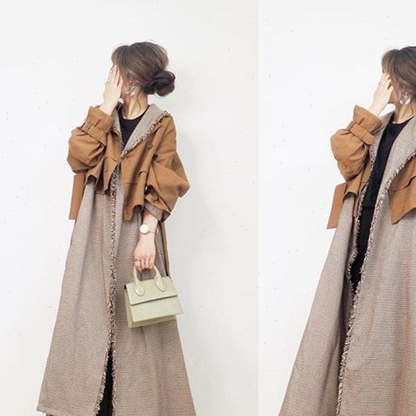 

women harajuku mid length trench coat japan korea style loose chic trendy fashion casual spring autumn female fake two overcoat, Tan;black