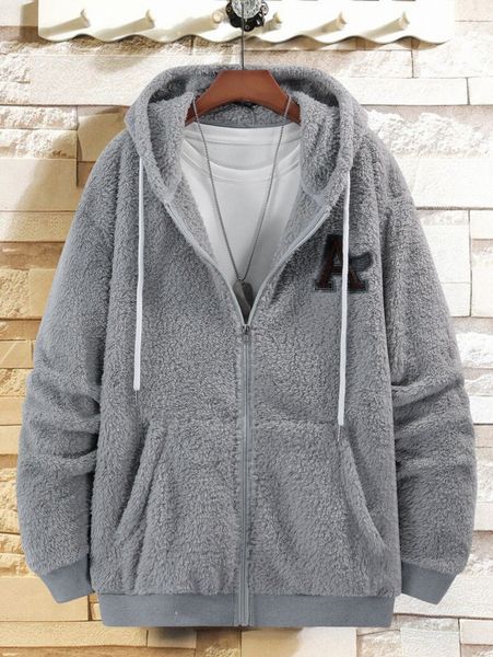 

men letter embroidery drawstring hooded teddy jacket c3tk#, Black;brown