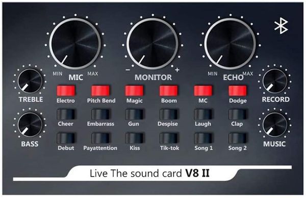 USB Live Sound Card V8II, Live Stream Audio Mixer Подходит для Mac OS, Windows, Linux IMAC, MacBook, Tablets, Microphone, Plug and Play