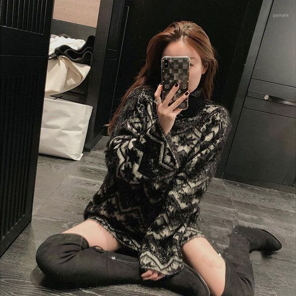 

thickened high neck sweater for women's wear new loose large lazy mid long sweater in autumn and winter 20201, White;black