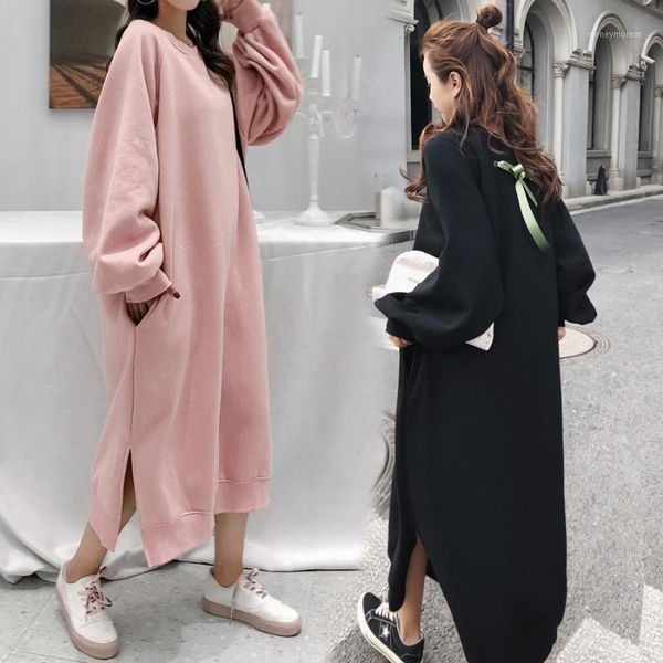 

women's hoodies & sweatshirts fleece sweatshirt fall winter clothes women oversized straight long sleeve pullover pocket side split dre, Black