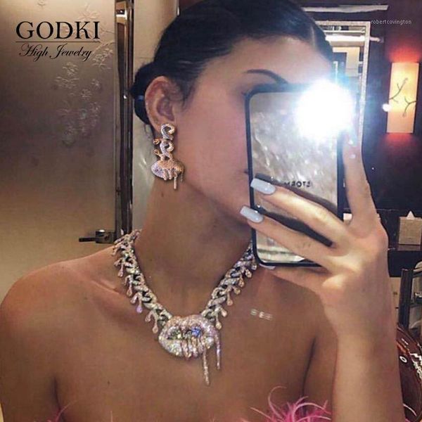

earrings & necklace 4pcs iced out bling hip hop women jewelry set tennis chain with cz miami cuban link trendy lips charm choker neckla, Silver
