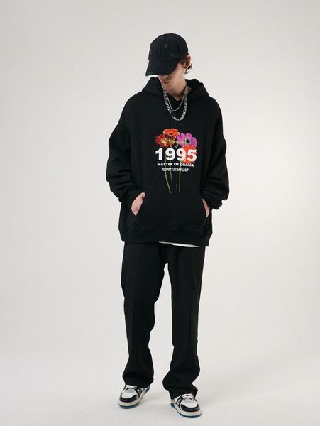 

men floral & letter graphic drop shoulder hoodie 51c0#, Black