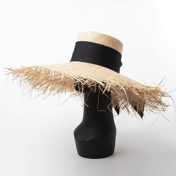 

2020 luxury design collection paris catwalk wide bream flat straw fringed summer sun hat, Blue;gray