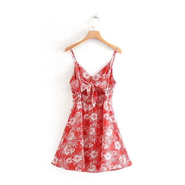 

2021 new floral red bohemian mini bow short sleeve retro harajuku beautiful girl dressed in beach dress 7oix, Black;gray