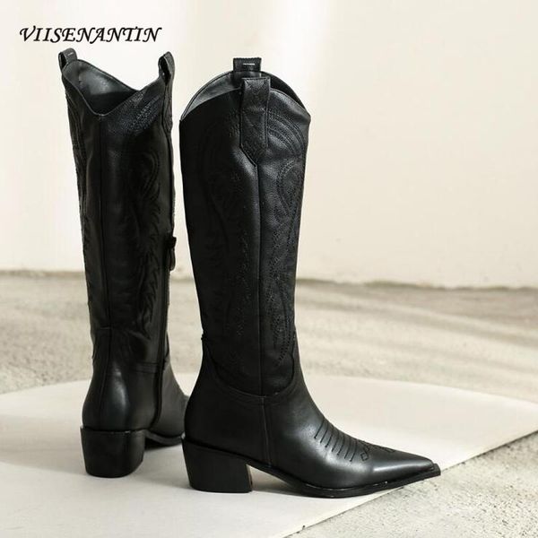 

viisenantin women kee high knight boots leather embroidered boots tide female thick heel pointed toe western denim cowboy1, Black