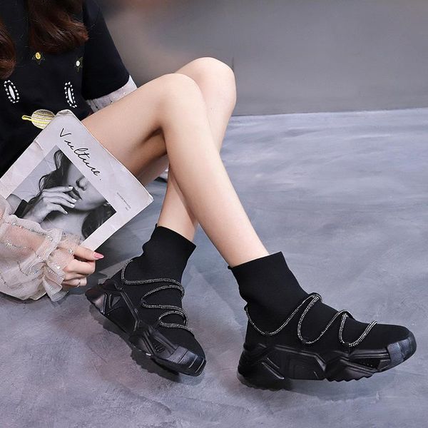 

boots casual autumn high-sports thick-soled korean fashion stretch knit socks women's fd-62, Black