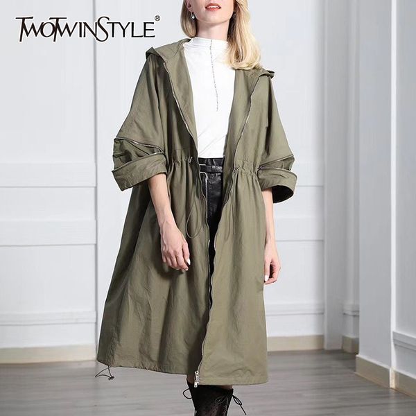 

twotwinstyle autumn women's windbreaker hooded half sleeve drawstring zipper female trench coats 2020 oversized fashion new 1028, Tan;black