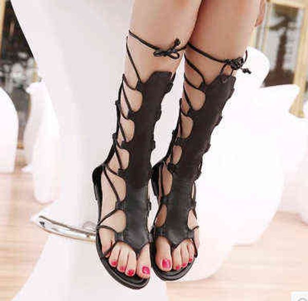 

2022 korean star same style foot ring trip belt high barrel hollow out sandals clip toe roman sandals women's shoes, Black