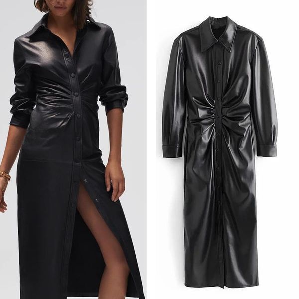 

black faux leather shirt dress women za 2021 pleated long sleeve ruched collared midi dress woman vintage high street dresses, Black;gray