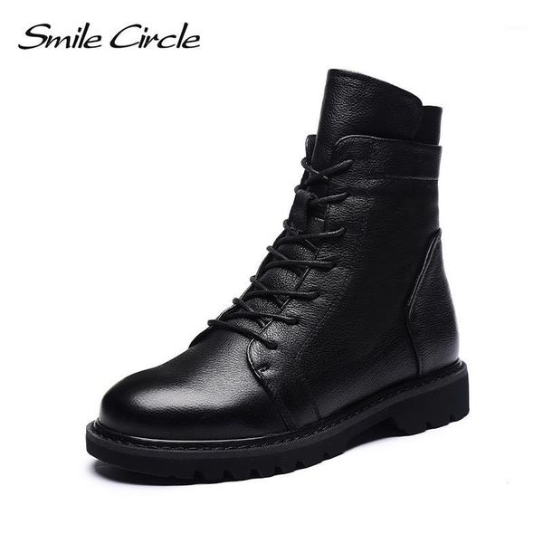 

smile circle winter ankle boots women platform shoes genuine leather fashion round toe fur warm boots ladies booties1, Black
