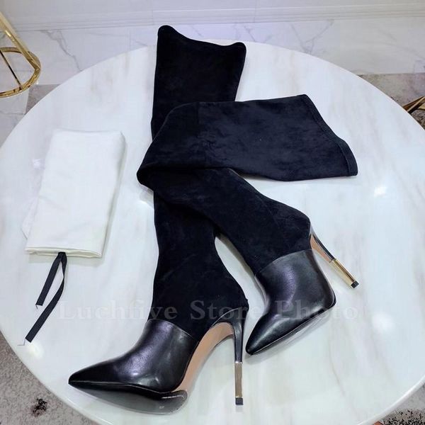 

new thigh high boots woman fashion week t-show party boots pointy stiletto heel suede long knee high feminine, Black