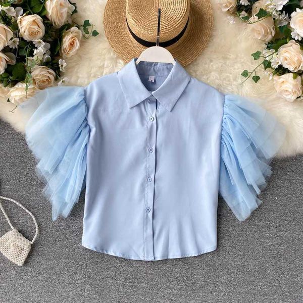

2020 summer korea fashion women casual short solid color ruffles blouse and blusas mujer de moda h4951, White
