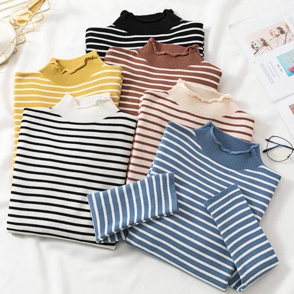 

2020 turtleneck sweater women pullover striped knitted jumper long sleeve korean autumn winter basic female sweater jw92591, White;black