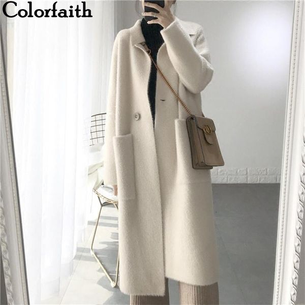 

colorfaith новые 2020 осень зима женщины куртки теплый корейский офис леди элегантные длинные пальто верхняя одежда шерстяные смеси jk3123, Black