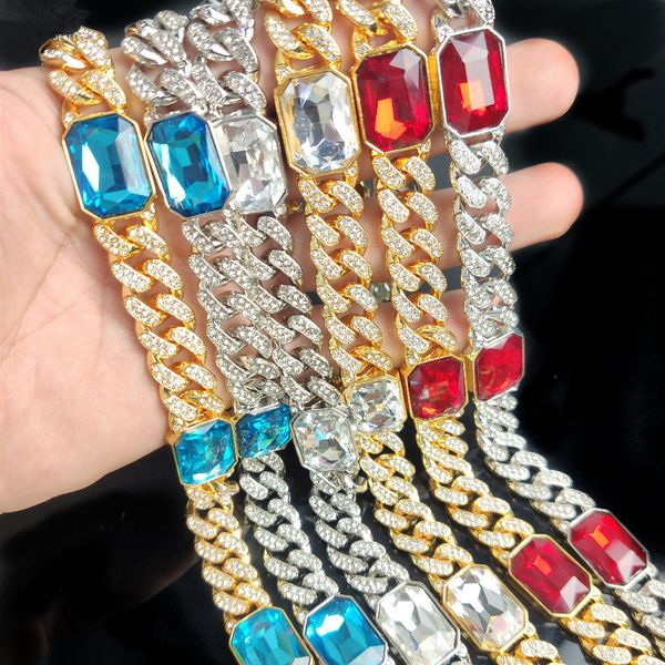 

mens hip hop necklace gold color 4pcs square red gem crystal long lced out miami cuban link necklace gifts for men jewelryq0115, Golden;silver