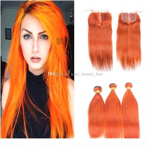 

9a pure color #350 orange silky straight virgin peruvian human hair wefts 3 bundle deals with middle parting 4x4 lace closure 4pcs lot, Black