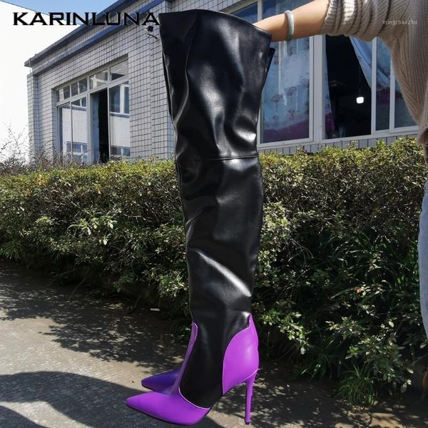 

boots karin brand design women shoes mixed color pointed toe thin heels over-the-knee boots1, Black