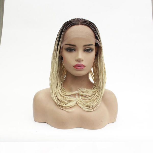 

short box braid lace front wigs ombre blonde synthetic heat resistant fiber hair glueless lacefront box braided wig for african american, Black;brown