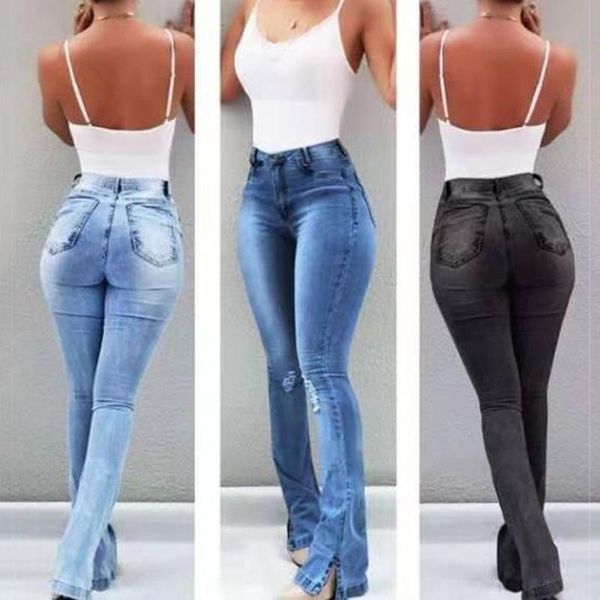 

2020 autumn fashion women denim jeans high-waist straight jeans for women side split vintage female long pant capris#g30, Blue
