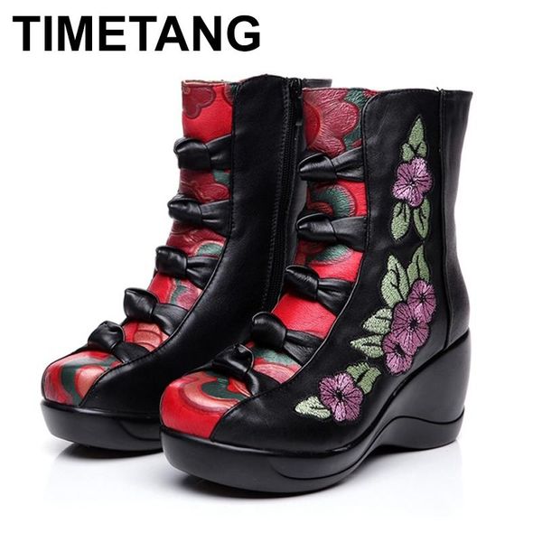 

timetang women's boots 2020 autumn winter new genuine leather wedges shoes embroidered flower medium-leg warm high heel boots, Black