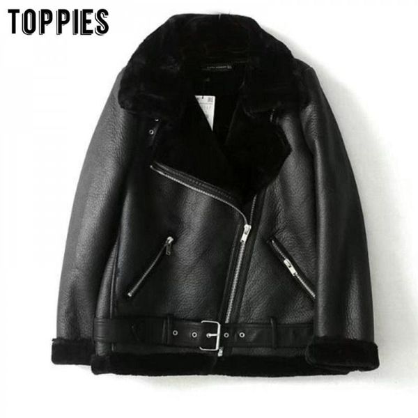 

women's leather & faux winter sheepskin coats women thicken fur coat female lining jacket casaco feminino, Black