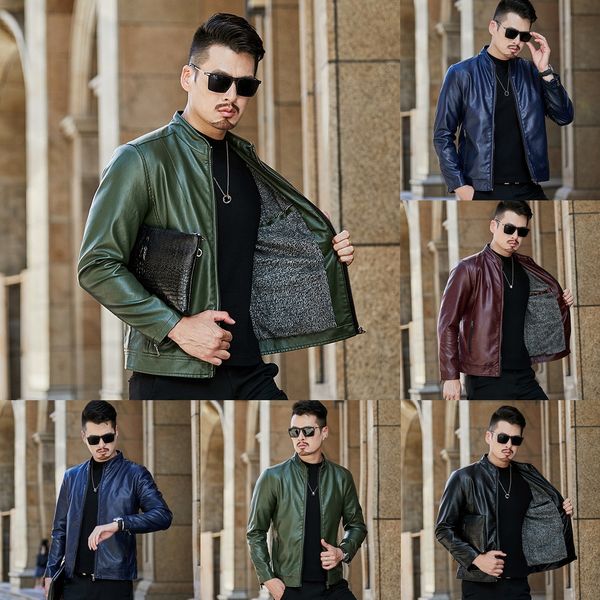 

men's jacket walletleather walletcoat 2019 new spring and autumn coat korean version slim and handsome plush fashion youth leather jack, Blue