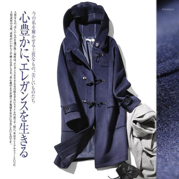

horn buckle women wool coat womens jacket loose long breasted woolen hooded coat winter warm trench overcoat1, Black