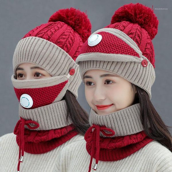 

2020 design warm winter hat set wool knitting neck scarf cap with mask elastic think caps anti cold cap set1, Blue;gray
