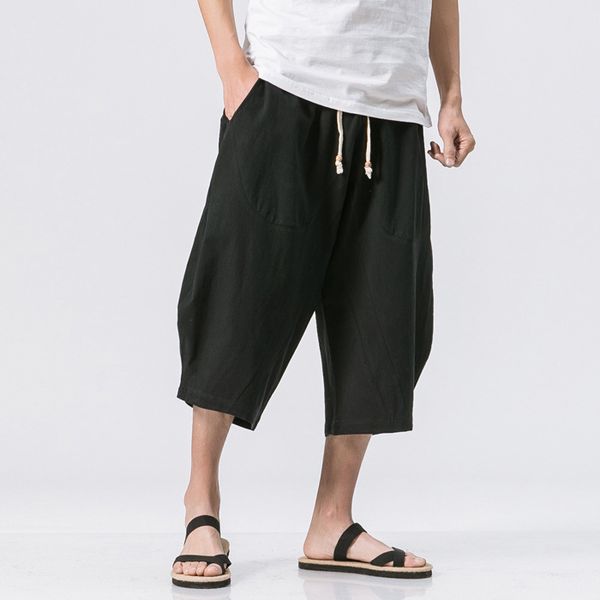 

chinoiserie beach cotton linen casual capris men's harem large radish pants, White;black