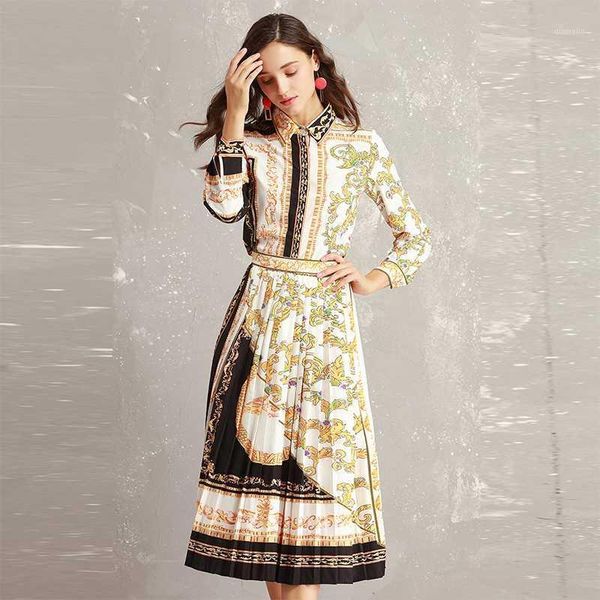 

autumn 2020 fashion women dress set vintage print turn down collar single button shirt zipper pleated skirt suit female1, Gray