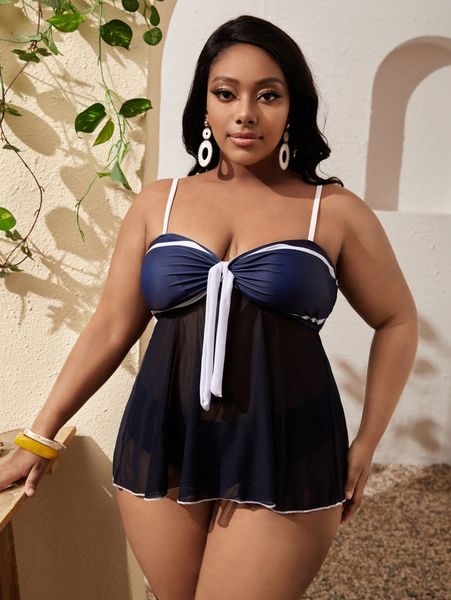

plus contrast mesh knot front bikini swimsuit l2uw#, Black