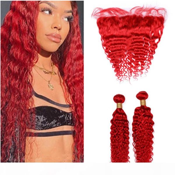 

bright red brazilian deep wave weaves human hair 2bundles with lace frontal red color virgin hair closure ear to ear with bundles, Black