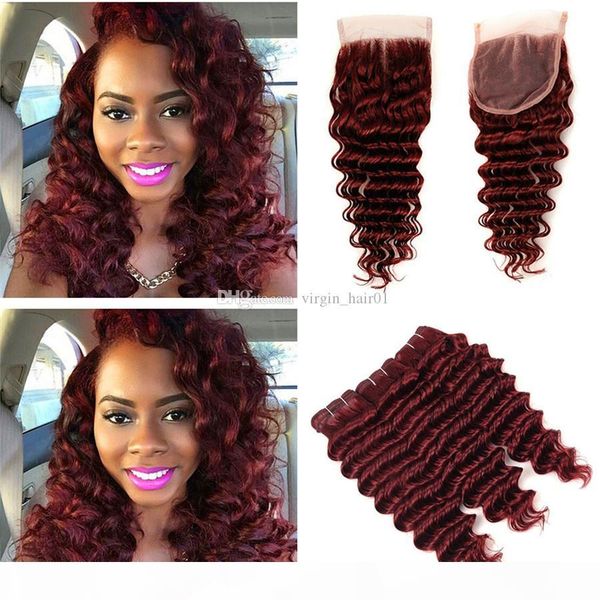 

wine red lace closure with weaves deep wave #99j burgundy wine red brazilian human hair bundle deals with 4x4 lace closure, Black;brown
