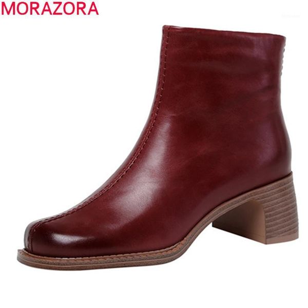 

boots morazora 2021 arrival fashion women thick heels square toe solid color ladies shoes genuine leather boots1, Black