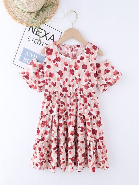 

girls floral print cold shoulder ruffle hem dress she, Red;yellow