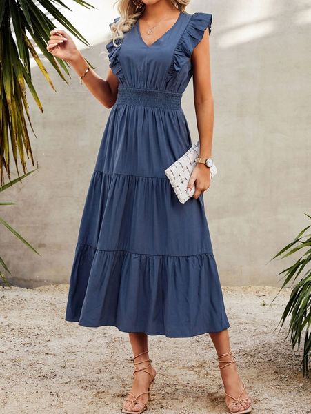 

ruffle trim shirred dress h2bd#, Black;gray
